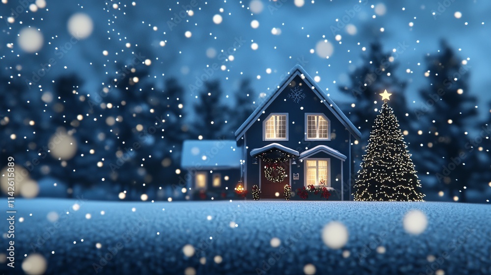 Fototapeta premium A 3D rendering of a Christmas house showcasing a beautifully decorated Christmas tree, falling snowflakes, and festive atmosphere. Cartoon style bright colors, soft lighting, and deep blue background
