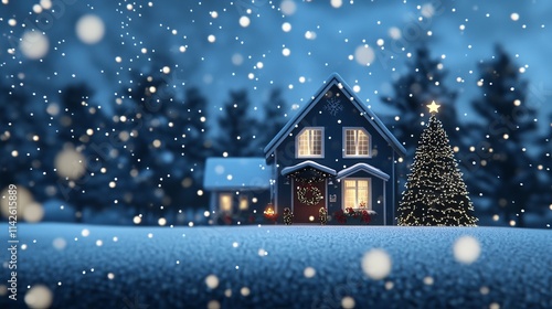 A 3D rendering of a Christmas house showcasing a beautifully decorated Christmas tree, falling snowflakes, and festive atmosphere. Cartoon style bright colors, soft lighting, and deep blue background