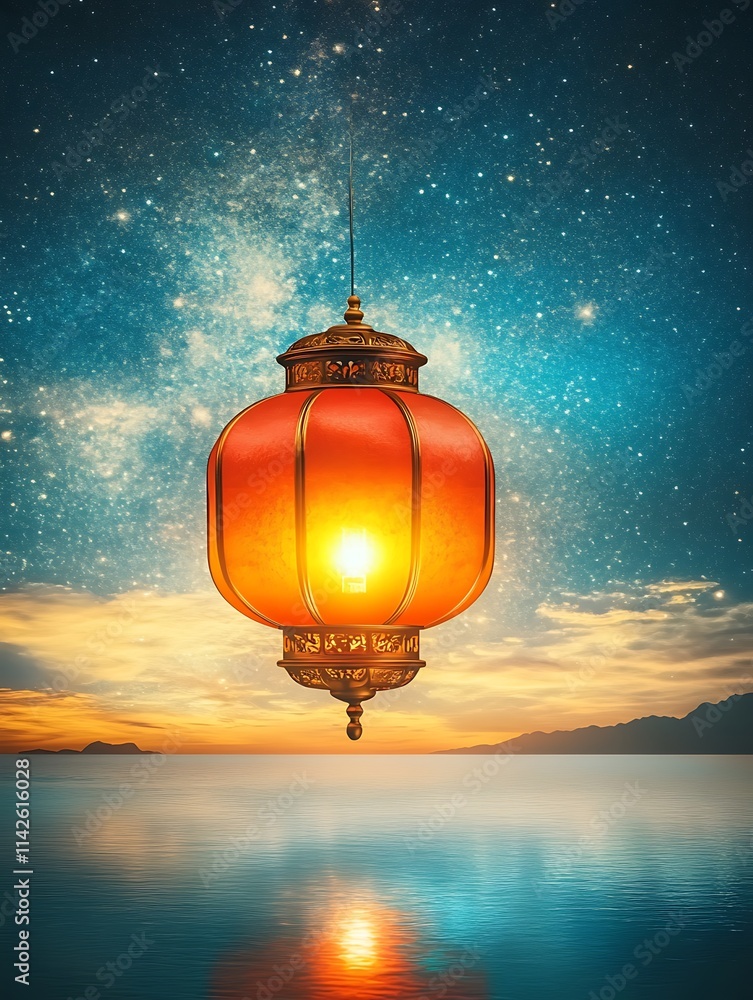 Obraz premium Red Lantern Festival Magic, Glowing Red Lantern Against Starry Night Sky