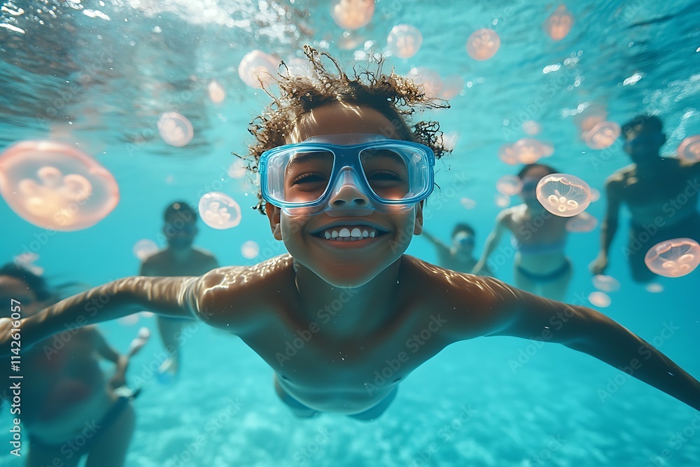 Naklejka premium A joyful child swims underwater with family, surrounded by playful jellyfish in a vibrant ocean.