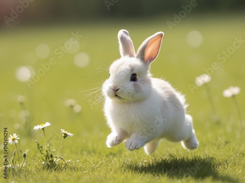 Fluffy bunny hopping playfully across the grass photo