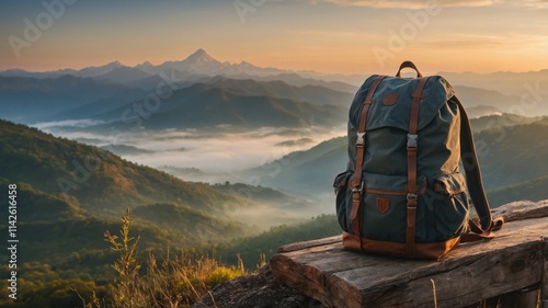 A sturdy backpack sits on a weathered wooden bench overlooking a breathtaking sunrise over rolling hills and majestic mountains. The scene evokes a sense of adventure and tranquility.