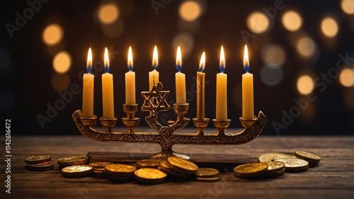 A menorah with eight lit candles sits on a wooden table, surrounded by coins.  The warm glow of the candles creates a peaceful and festive atmosphere. photo