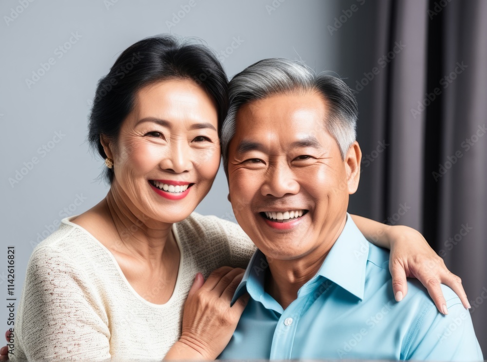 Joyful elderly couple smiling together at home in a cozy indoor setting Joyful elderly couple smiling together at home in a cozy indoor setting