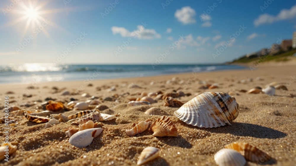 Seashells scattered on a sunny beach, the ocean gently lapping in the background. A perfect summer day. Seashells scattered on a sunny beach, the ocean gently lapping in the background. A perfect summer day.