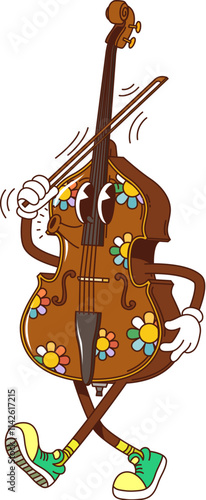 Cartoon contrabass, double bass groovy musical instrument character with smiling face and bow in hand playing classic music. Isolated vector musician equipment personage ready for orchestra concert