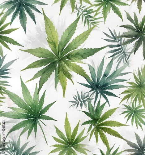 Close-up view of hand-painted watercolor cannabis leaves on a clean white surface, hand-painted, botanical, leaves, vibrant, close-up