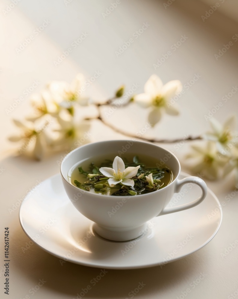 Delicate white cup of fragrant green tea infused with jasmine blossoms sitting on a simple plate Delicate white cup of fragrant green tea infused with jasmine blossoms sitting on a simple plate