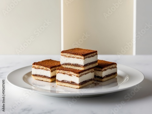 Delicious Homemade Tiramisu Dessert Squares on Plates photo