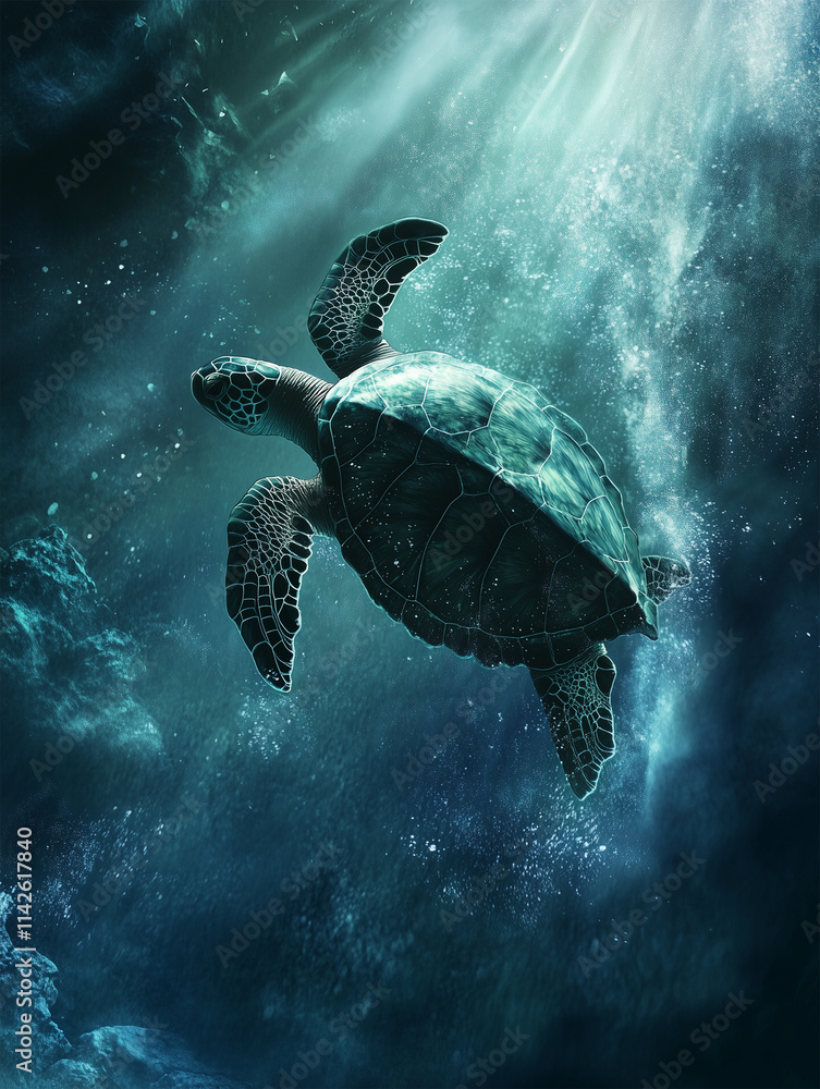 Obraz premium Dramatic underwater view of a green sea turtle gliding gracefully through tranquil blue waters