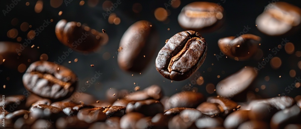 Roasted coffee beans falling against dark backdrop Roasted coffee beans falling against dark backdrop
