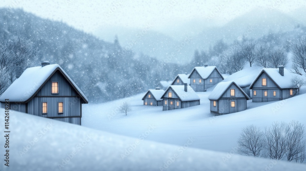 A serene scene of soft snowflakes falling on a quiet village, with warm lights glowing in the windows A serene scene of soft snowflakes falling on a quiet village, with warm lights glowing in the windows