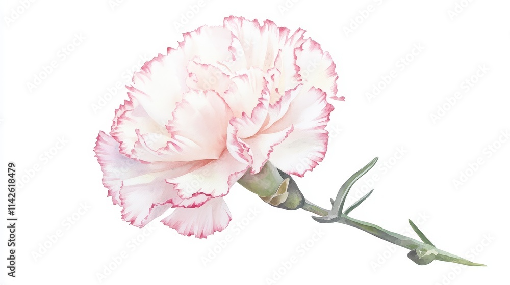 A delicate watercolor painting of carnations, showcasing soft pink and white wrinkled petals, delicate shadows, and slender green stems against a pure white background A delicate watercolor painting of carnations, showcasing soft pink and white wrinkled petals, delicate shadows, and slender green stems against a pure white background