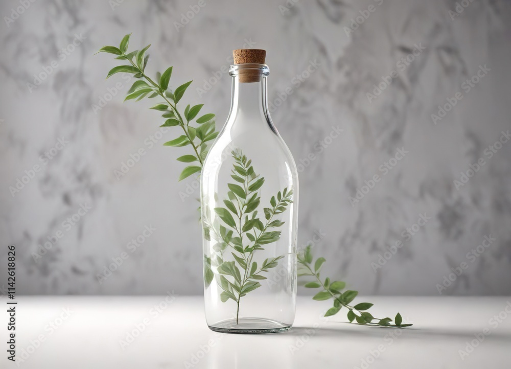 Decorative white glass bottle with leafy branch, foliage, decorative Decorative white glass bottle with leafy branch, foliage, decorative