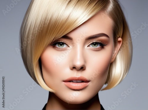 Stunning close-up of a young woman with sleek blonde hair and captivating green eyes in a modern studio setting photo