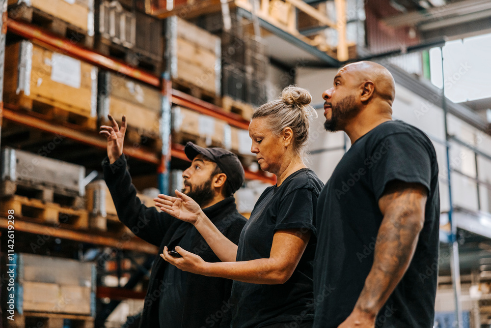 Low angle view of male and female distribution worker discussing while standing in warehouse Low angle view of male and female distribution worker discussing while standing in warehouse