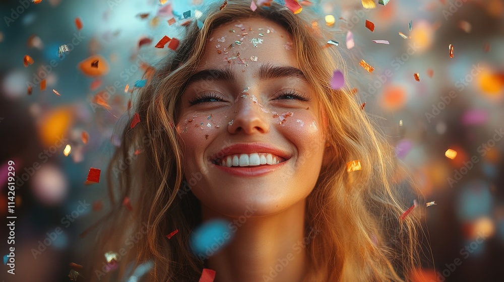 Joyful Young Woman Smiling Brightly in a Colorful Confetti Celebration with Sparkling Details and a Happy Atmosphere Radiating Positivity and Happiness Joyful Young Woman Smiling Brightly in a Colorful Confetti Celebration with Sparkling Details and a Happy Atmosphere Radiating Positivity and Happiness