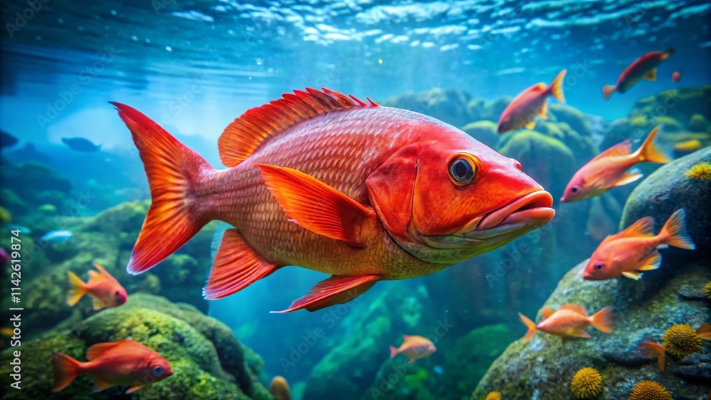 Naklejka premium Giant Red Fish, Huge Aquatic Life, Underwater Photography, Big Red Fish Photo, Candid Fish Image, Red Fish Close Up, Underwater Wildlife