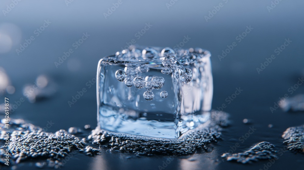 Close-Up of Ice Cube with Bubbles on Dark Surface Close-Up of Ice Cube with Bubbles on Dark Surface