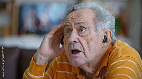 Close up of senior man with hearing aid in ear at home. Health care concept, hearing enhancement, device for the deaf.