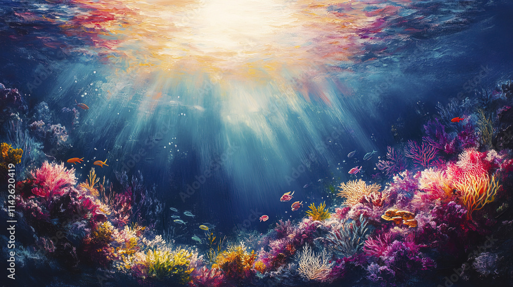 Fototapeta premium Vibrant marine water with coral reefs and colorful fish swimming below