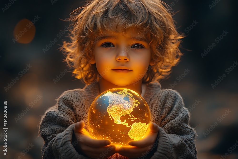 Naklejka premium A cute little boy tenderly holding a glowing globe, symbolizing hope and care for the planet's future.