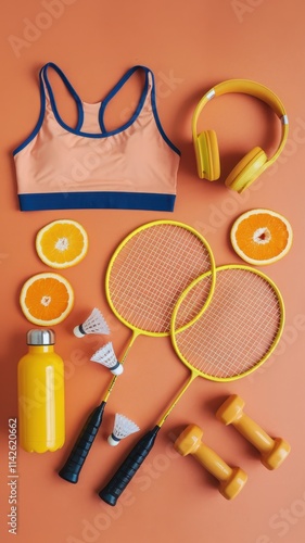 Yellow and orange sports outfit with a racket and a bottle of water