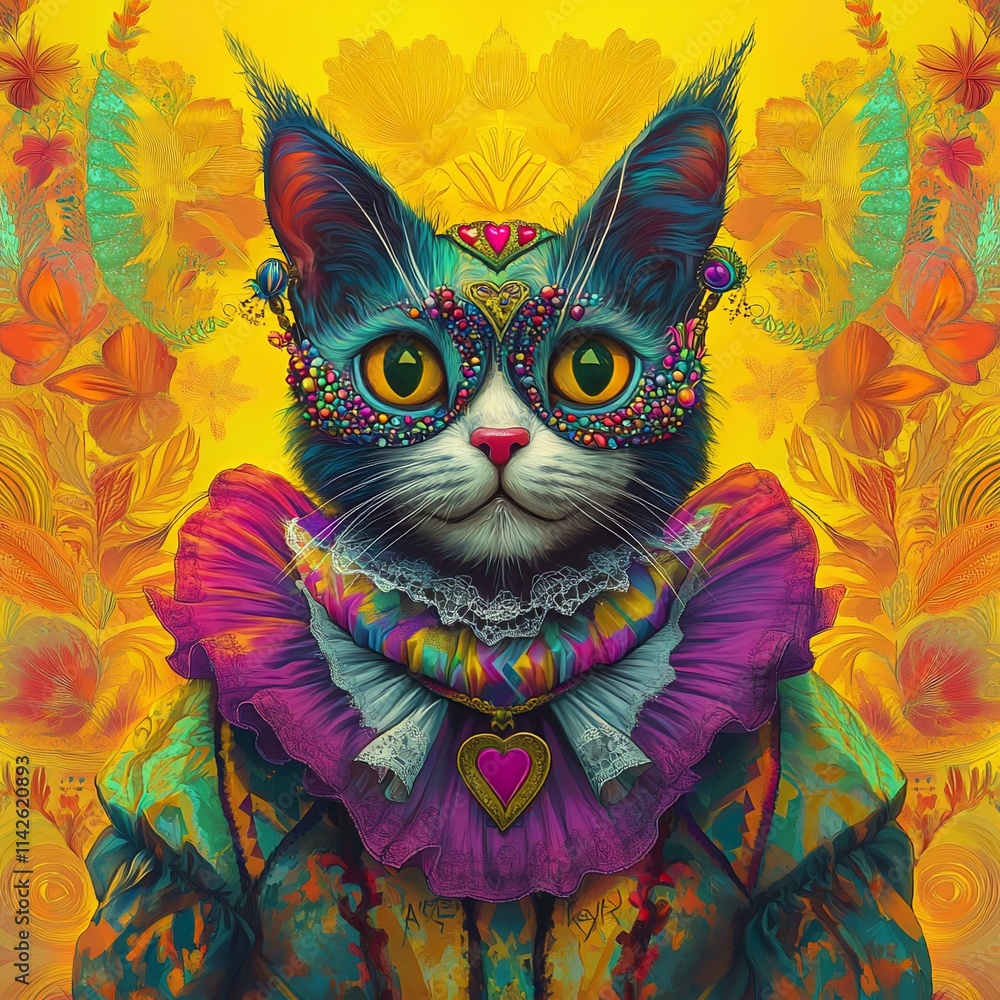 Fototapeta Whimsical Jester Cat in Vibrant Surreal Fantasy Landscape