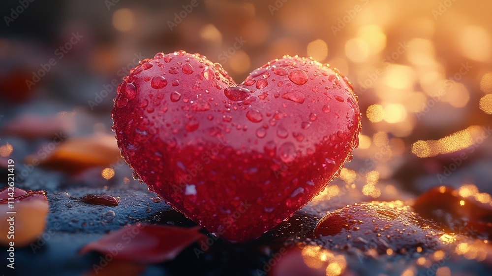 Shiny Red Heart with Water Droplets Resting on Wet Surface Surrounded by Colorful Petals in a Warm, Glowing Light Background Shiny Red Heart with Water Droplets Resting on Wet Surface Surrounded by Colorful Petals in a Warm, Glowing Light Background