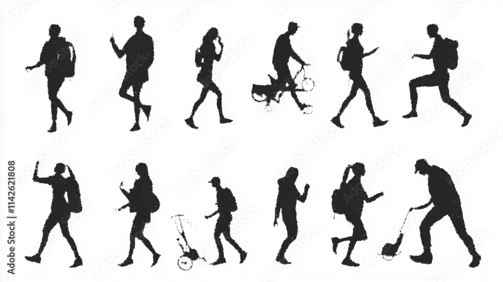 Fototapeta premium People silhouettes in urban settings, engaging in various outdoor activities. Vector icon