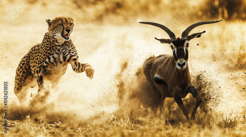 Cheetah in pursuit of an antelope in a dusty savannah. photo