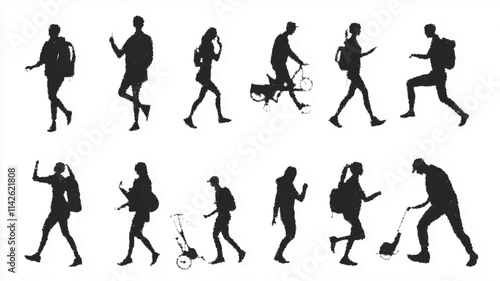 People silhouettes in urban settings, engaging in various outdoor activities. Vector icon