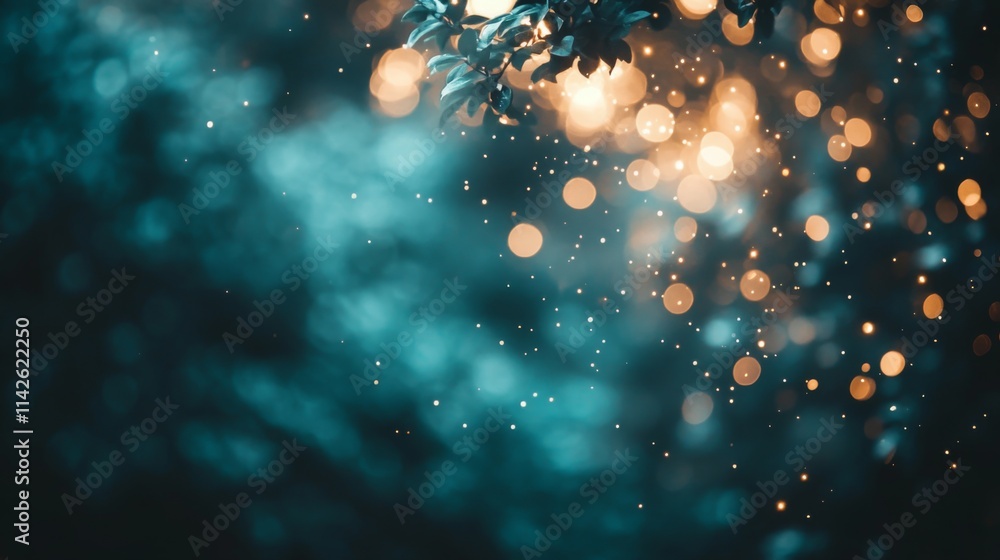 Dark Teal Background With Golden Bokeh Lights And Leaves Dark Teal Background With Golden Bokeh Lights And Leaves
