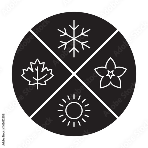 Black and white icon with symbols of the four seasons: snowflake, leaf, flower and sun in a divided circle.