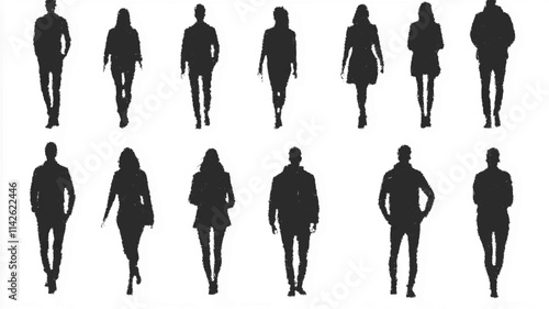 Rear view silhouettes of individuals walking and standing, suitable for cityscape designs. Vector icon