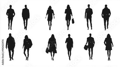Rear view silhouettes of individuals walking and standing, suitable for cityscape designs. Vector icon