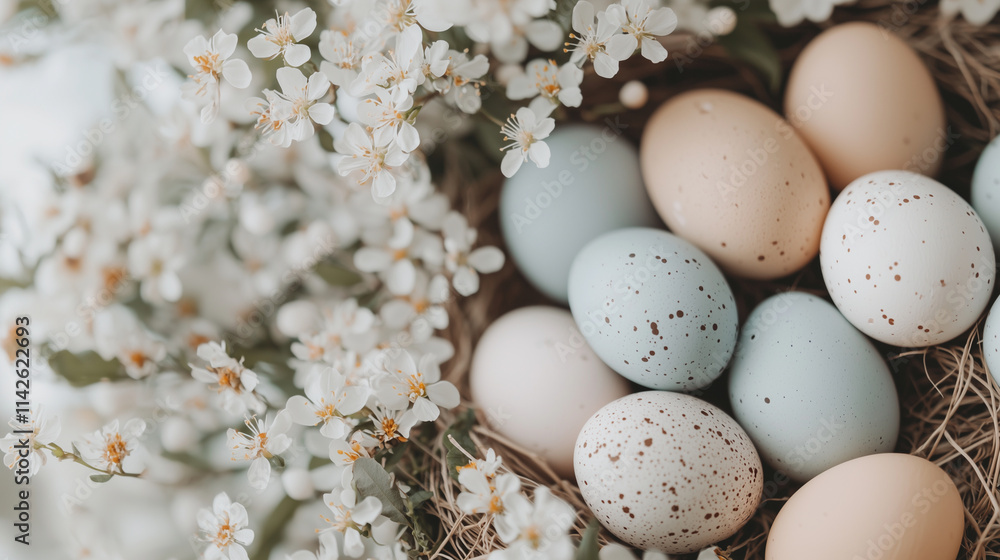 Colorful Easter Eggs in Nest Surrounded by Spring Flowers Colorful Easter Eggs in Nest Surrounded by Spring Flowers