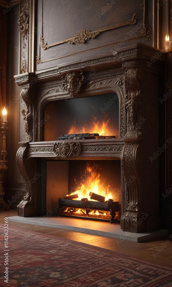 Exotic and opulent fire surround with intricate carvings and luxurious fabrics, rich textures, regal ambiance, elegant furnishings Exotic and opulent fire surround with intricate carvings and luxurious fabrics, rich textures, regal ambiance, elegant furnishings
