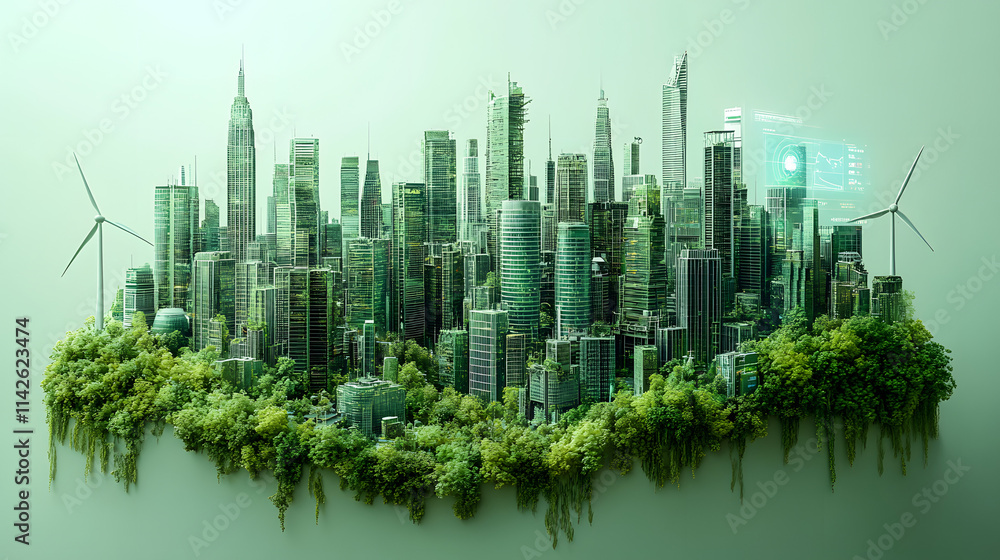 A 3D isometric model of a smart city with wind turbines, solar panels, green buildings, and advanced infrastructure, showcasing a futuristic, sustainable urban environment focused on renewable energy A 3D isometric model of a smart city with wind turbines, solar panels, green buildings, and advanced infrastructure, showcasing a futuristic, sustainable urban environment focused on renewable energy