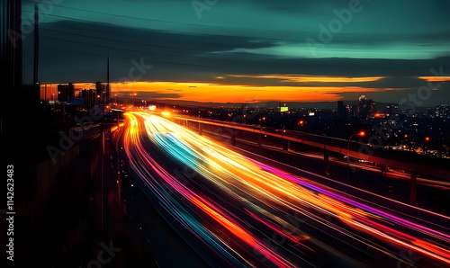 Dynamic Time-Lapse Photo of the Freeway. High Speed Concept Image at Dusk.