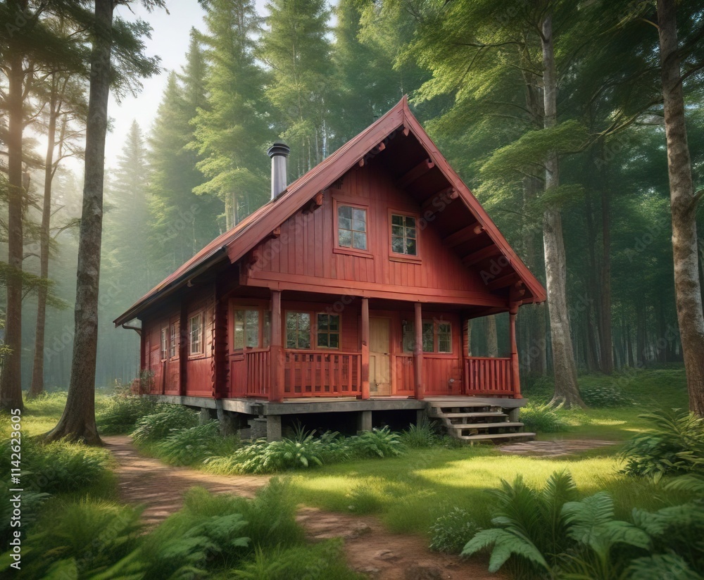 Exterior view of a traditional red wooden cabin in a lush green forest, tranquil, Swedish, countryside Exterior view of a traditional red wooden cabin in a lush green forest, tranquil, Swedish, countryside