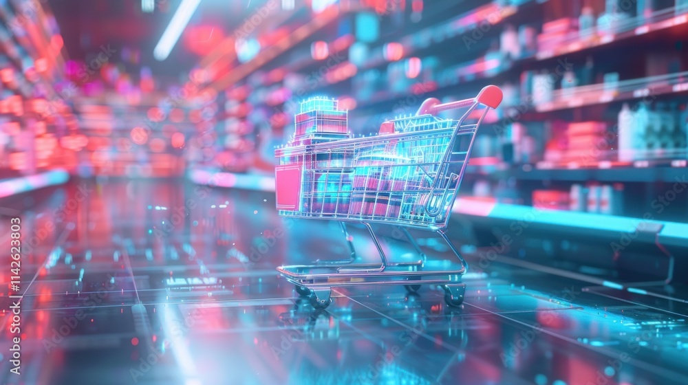 A Glimpse into the Future of Retail with a Wireframe Shopping Cart in a Neon-Lit Supermarket Aisle A Glimpse into the Future of Retail with a Wireframe Shopping Cart in a Neon-Lit Supermarket Aisle