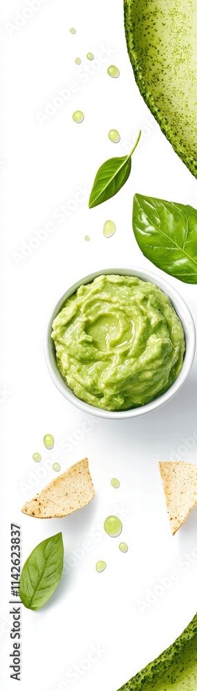 Fresh Guacamole with Tortilla Chips and Basil Leaves Fresh Guacamole with Tortilla Chips and Basil Leaves