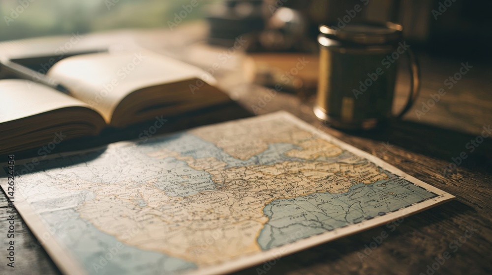 A state map with historical landmarks marked in bold, placed on a desk with vintage memorabilia A state map with historical landmarks marked in bold, placed on a desk with vintage memorabilia