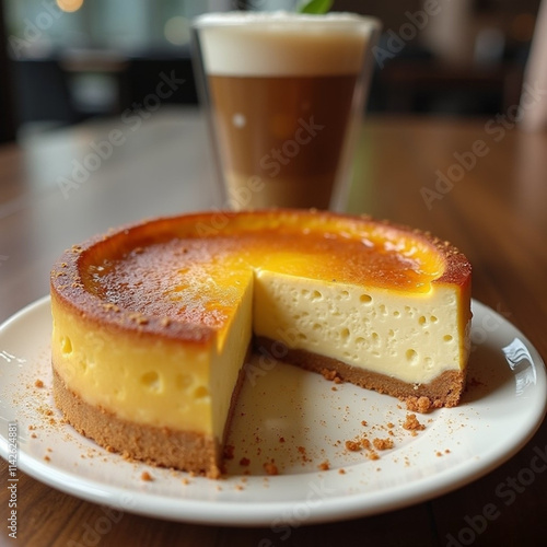 Close-up tarta de queso y un vaso de café con leche sobre una mesa photo