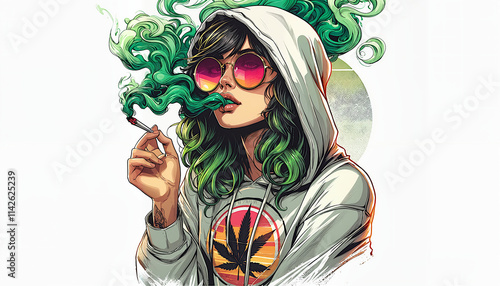 A laid-back girl wearing oversized sunglasses and a hoodie, casually smoking a marijuana joint with vibrant green smoke