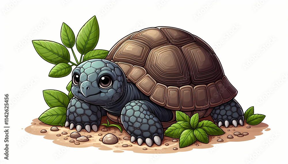 Obraz premium Illustrated ploughshare tortoise surrounded by lush greenery, showcasing its unique shell.
