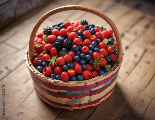 Freshly picked wild berries arranged in a colorful wooden basket, wicker, picturesque, showcase, display photo