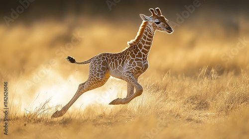 Playful young giraffe running across savannah in golden light