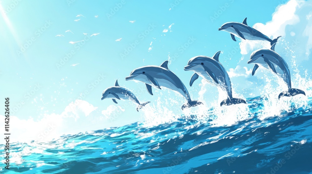 Fototapeta premium Dolphins Jumping Out of Blue Ocean Waves Under Bright Sunny Sky